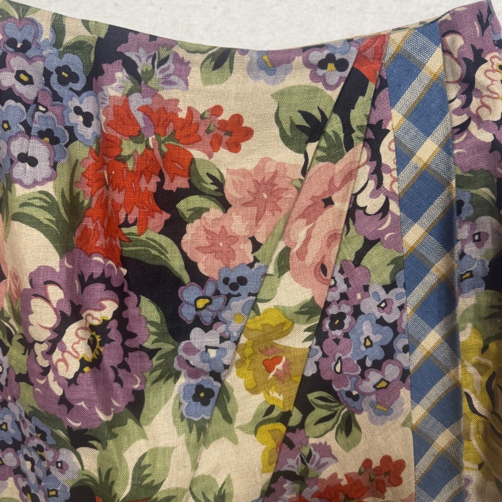 Anne Klein II Vintage Floral Linen Plaid Trim Faux Wrap Skirt Size 6 Multi-Color - Picture 2 of 8